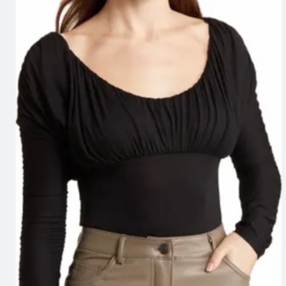 NWOT Elodie Women's Top Black Ruched Long Sleeves Bodysuit Blouse Size XS